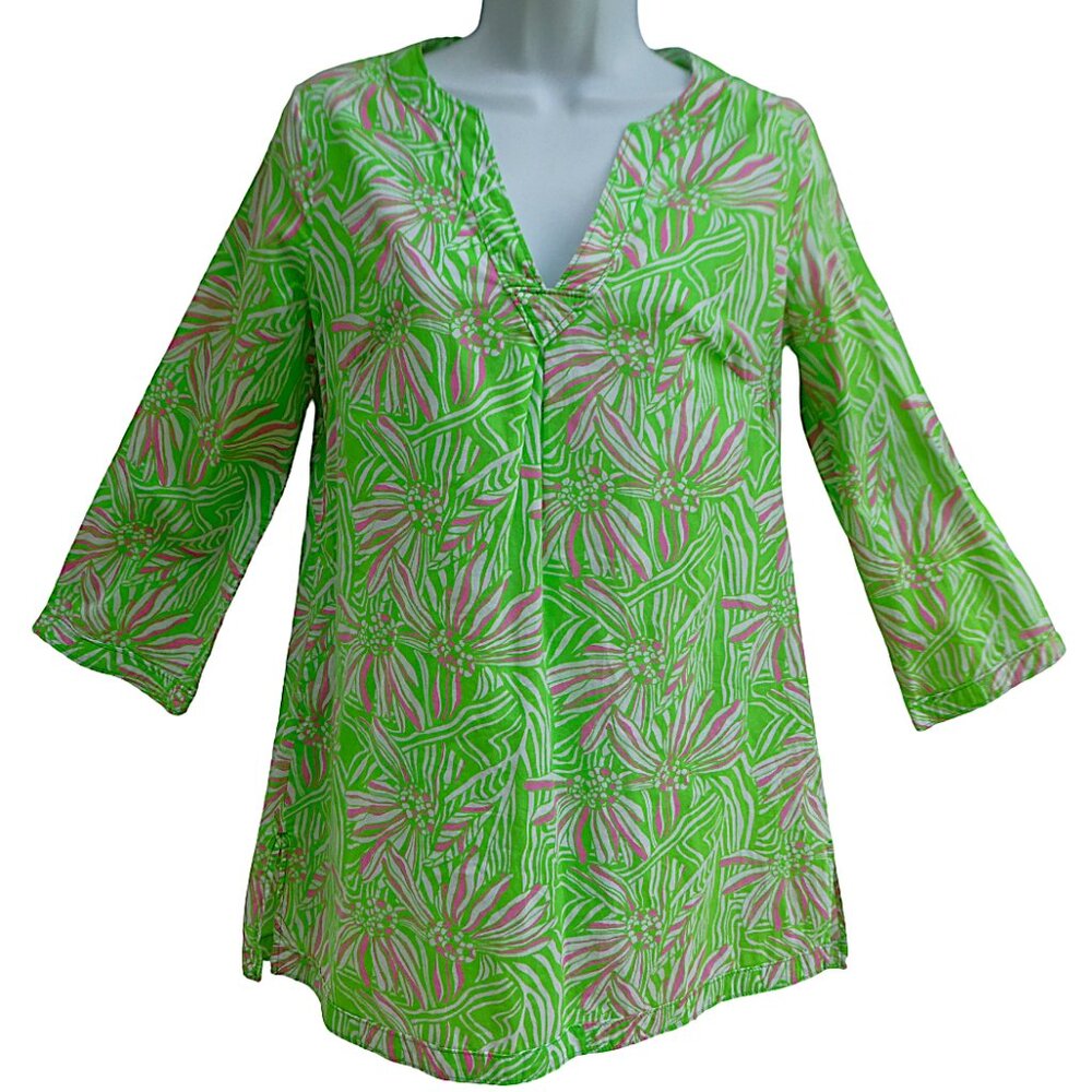 Lilly Pulitzer Green Bean Daisy Swim Tunic Cover Up Split Neck Side Vents XS